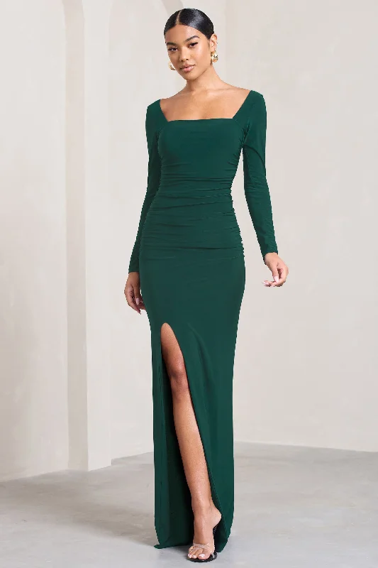 Stylish Savings Father's Day Deals My Pleasure | Bottle Green Square Neck Ruched Maxi Dress