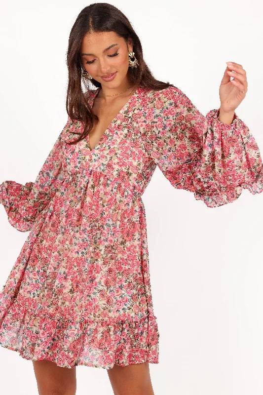 Cool Prices Flowy Fabric Reese Long Sleeve Mini Dress - Pink Floral