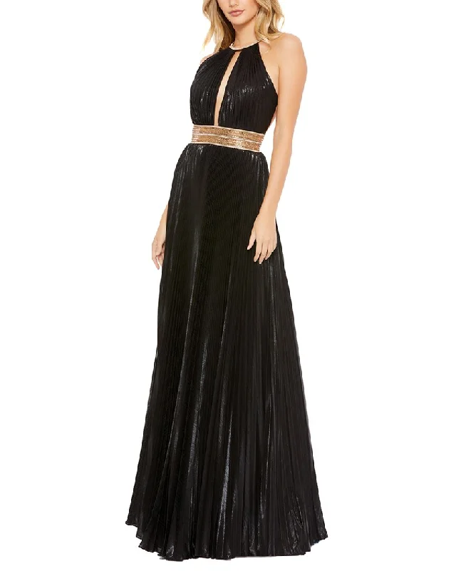 Get The Latest Trends Modern Romance Mac Duggal Metallic Halter Key Hole Pleated Gown