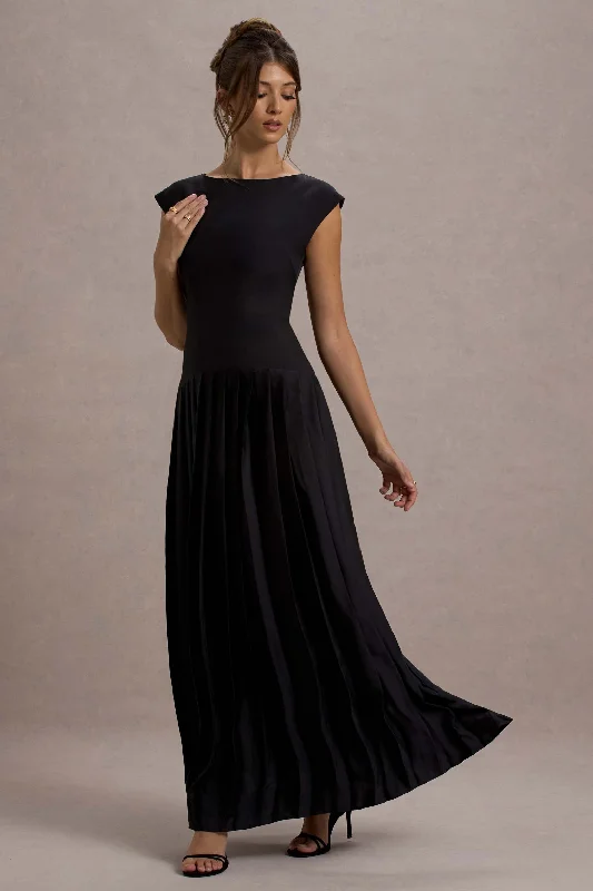 Seasonal Trends Last Chance Sale Arna | Black Boat-Neck Pleated Maxi Dress