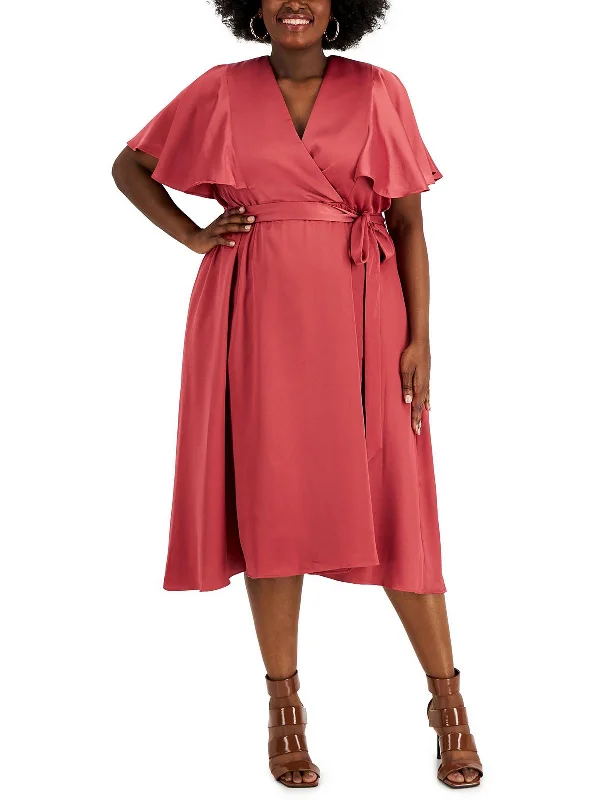 Stylish Deals Flash Deals Plus Womens Satin Flutter Sleeves Wrap Dress