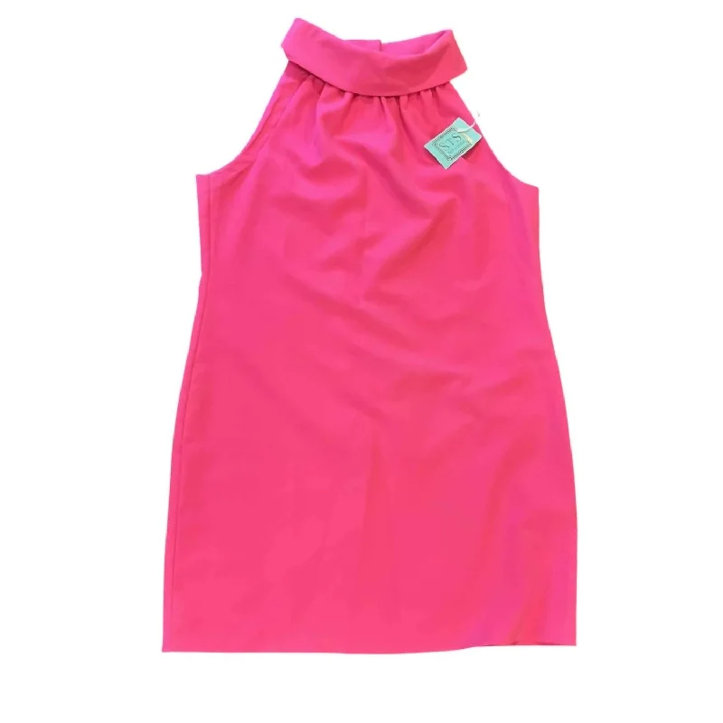 Limited Edition Final Clearance Women's Sleeveless High Neck Button Back Dress In Hot Pink