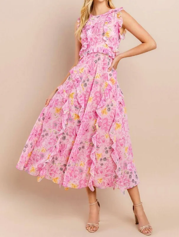 Valentine's Special Romantic Date - Night Ensemble Floral Printed Midi Dress In Pink