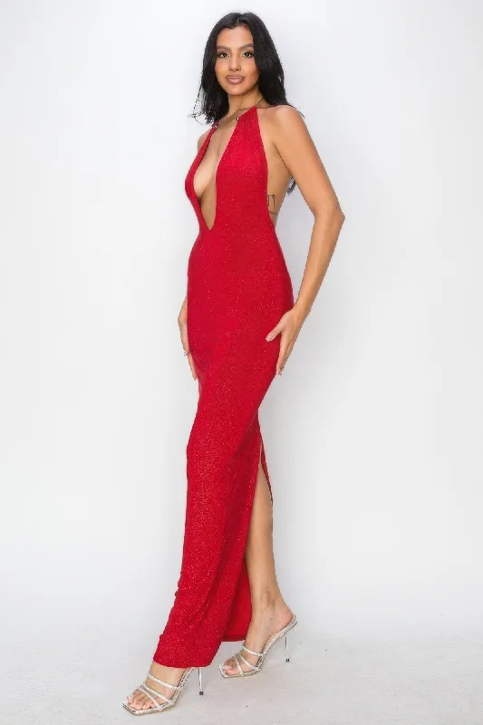 Chic Trend Collection Limited - Stock Hot Girl Amaya Extreme Plunge Halter Neck Maxi Dress In Red