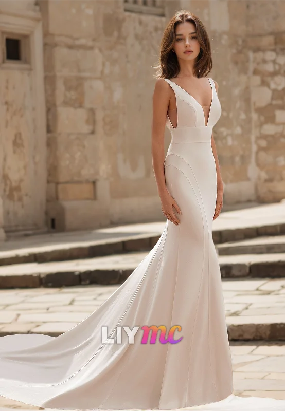 Sale Event, Prices Rock Statement Piece V-Neck Straps Sleeveless Sleek Mermaid Wedding Dress