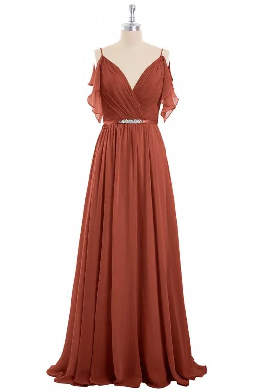 Winter Warehouse Sale Weekend Special Rust Orange Chiffon Cold-Shoulder Long Bridesmaid Dress