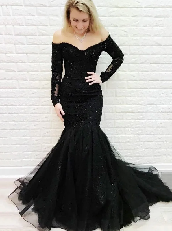 Contemporary Fashion Sale Alluring Design Mermaid Off-the-shoulder Lace Long Sleeves Black Prom Evening Dresses PO189