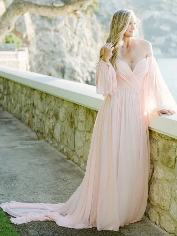 Refined Fashion Sale Spring Fling Sale Off Shoulder Blush Pink Chiffon Long Wedding Dresses, Simple Wedding Dresses, A-line Wedding Dresses, 2022 Wedding Dresses