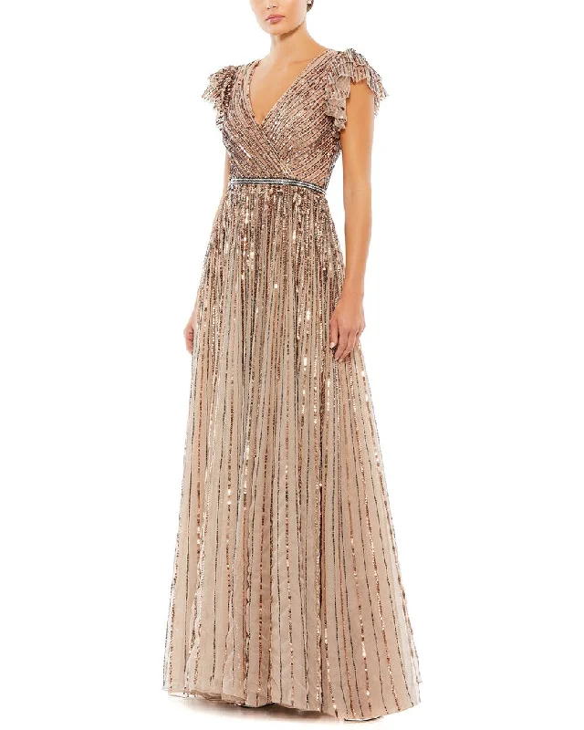 Limited-Time Offer End - of - Month Blowout Mac Duggal Sequined Wrap Over Ruffled Cap Sleeve Gown