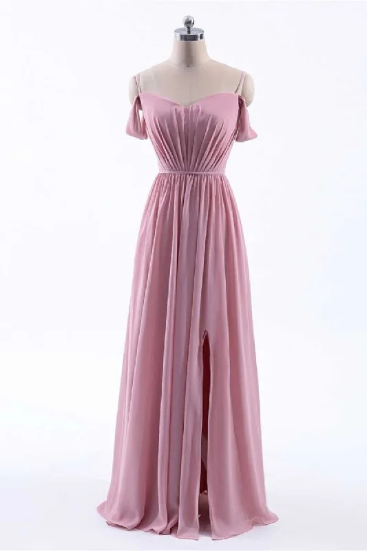 Forward Trendsetter Early Access to Art Deco Styles Sale Dusty Pink Chiffon Cold-Shoulder A-Line Long Bridesmaid Dress