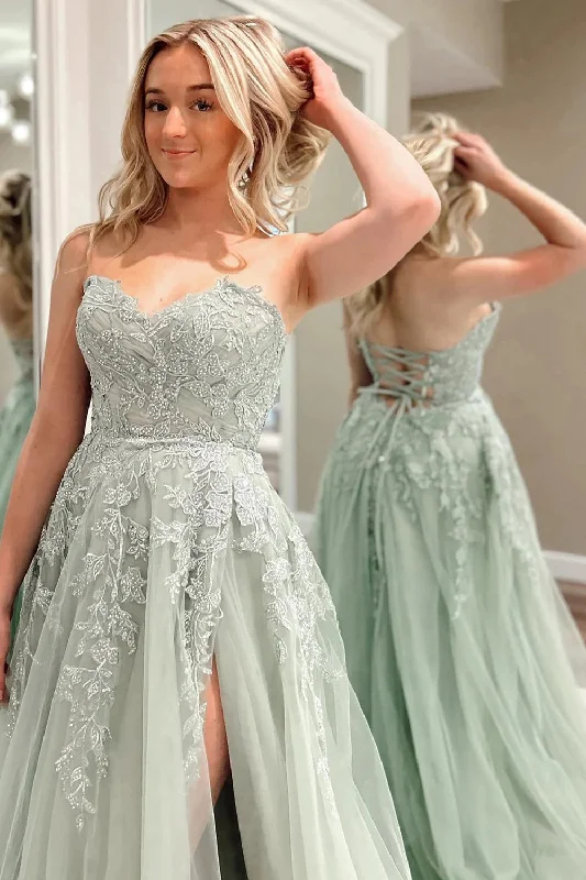 Limited Time Flash Sale Vintage Retro Party Wear Roycebridal Beulah | A-Line Sweetheart Sage Green Tulle Lace Long Prom Dresses