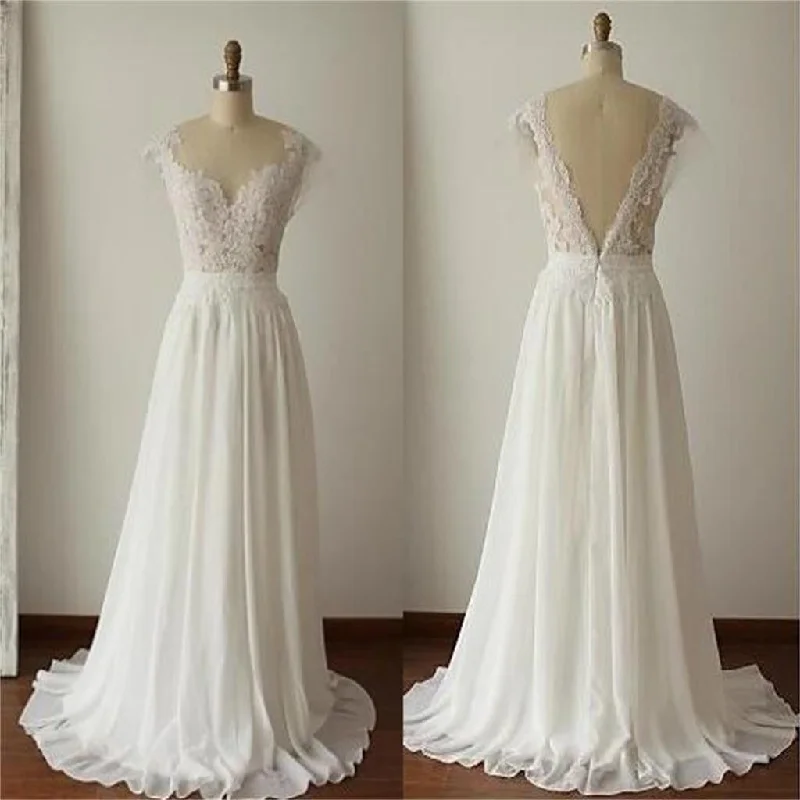 Seasonal Sale Anniversary Sale Simple Long A-Line V-back Lace Wedding Dresses, Chiffon Wedding Party Dresses, WD0013