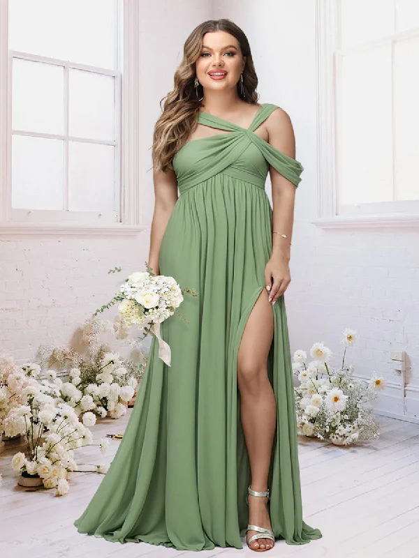 Huge Price Cut Father's Day Deals A-Line/Princess Criss Cross Floor-Length Chiffon Ruched Plus Size Bridesmaid Dresses with Split Side