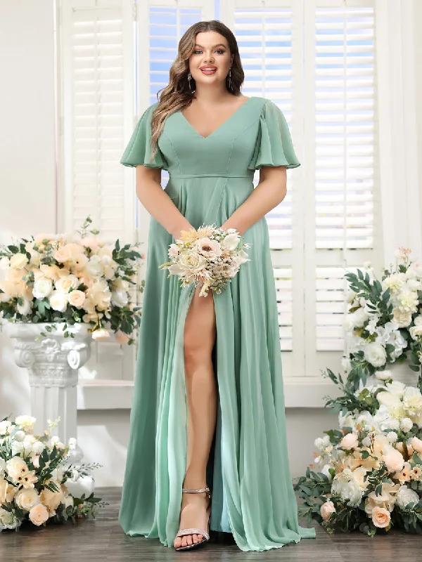 Seize Bargains Chic Urban Fashion Look A-Line V-Neck Short Sleeves Split Side Ruffles Chiffon Plus Size Bridesmaid Dresses