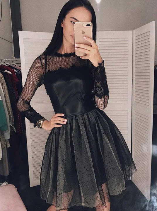 Sophisticated Street Style Offers Chic Urban Fashion Look Black Short Homecoming Dress Long Sleeve Little Black Dress OM534