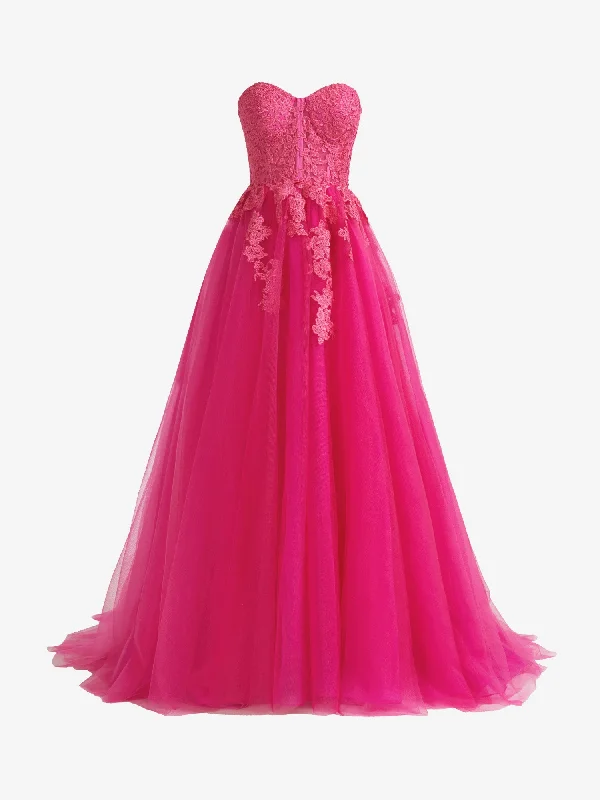 Evening Elegance Alluring Design Roycebridal Amora | Hot Pink A-Line Tulle Lace Strapless Long Prom Dress