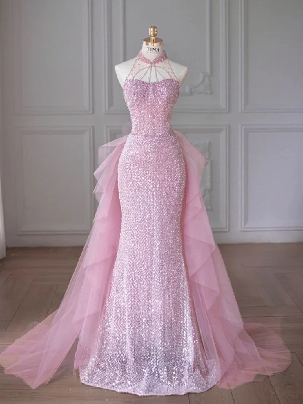 Mega Sale Dreamy Aesthetic Elegant Mermaid High Neckline Sequin Pink Sleeveless Long Prom Dresses C3493