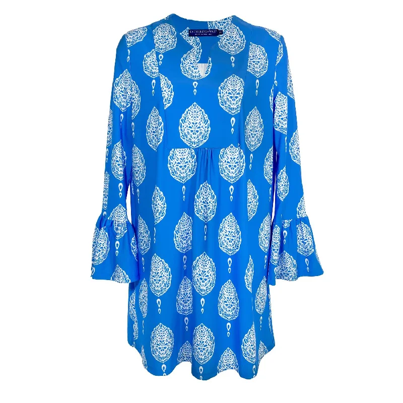 Sale Event, Prices Rock Tropical Island - Inspired Attire Women's Portland Long Sleeve Tunic Dress In Taj Mahal Block Print Hawaii Blue White