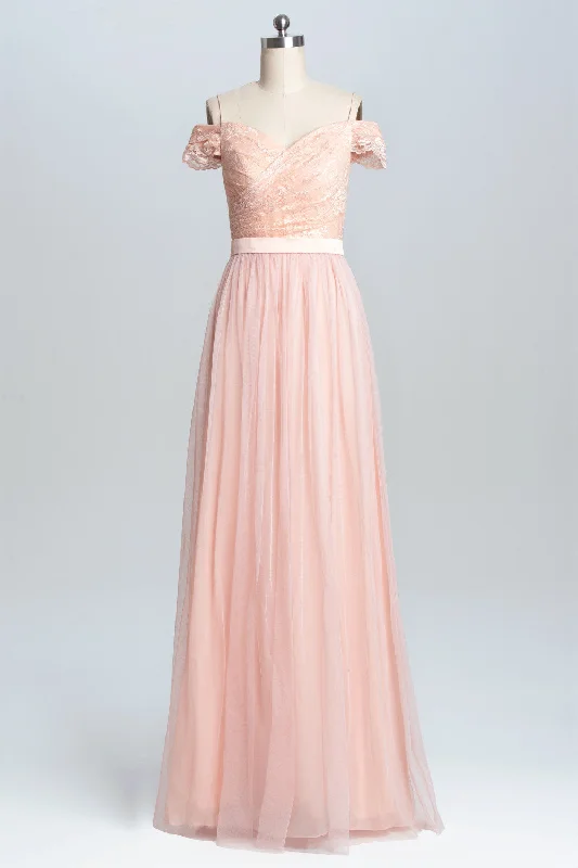 Exclusive Fashion Deals Father's Day Deals Off the Shoulder Pink Lace and Tulle Long Bridesmaid Dress