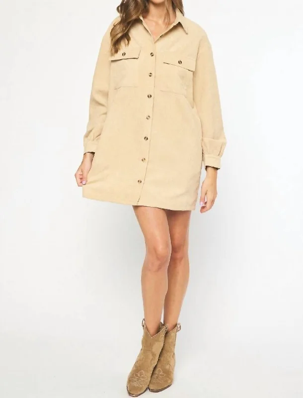 Luxury Casual Deals Summer Splash Sale Corduroy Long Sleeve Button Up Dress In Tan