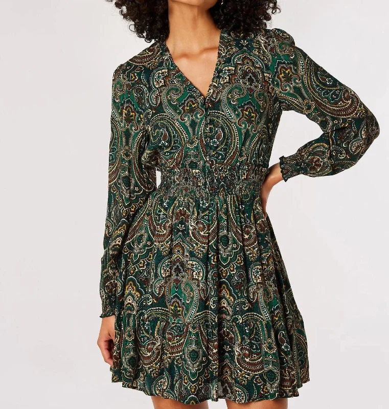 Casual Chic Deals Discounts on Casual Weekend Styles Paisley Print Ruffle Long Sleeve Dress In Dark Green