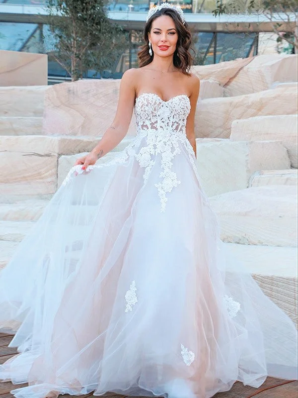 Timeless Style Promotions Effortless Comfort A-Line/Princess Sweetheart Tulle Applique Sleeveless Sweep/Brush Train Wedding Dresses