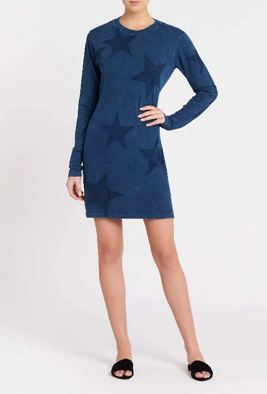 Budget Saver Coastal Beach - Inspired Style The Long Sleeve Beatnik Dress In Washed Blue Ground With Stars