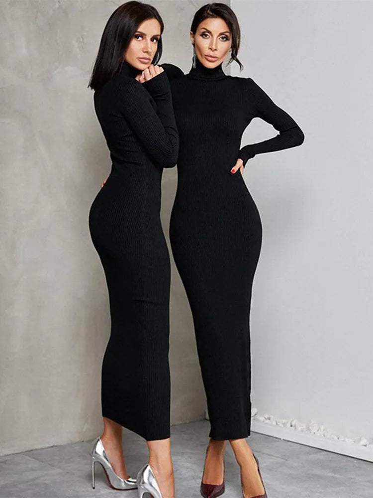 Urban Elegance Deals Classic Charm DressBetty - 2024 Elegant Spring Turtleneck Knitted Ribbed Sheath Midi Bodycon Dress