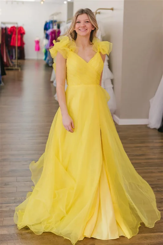 Save Big Great Prices on Feminine Styles Roycebridal Yellow Surplice Ruffle Straps Tulle Long Prom Dress with Slit