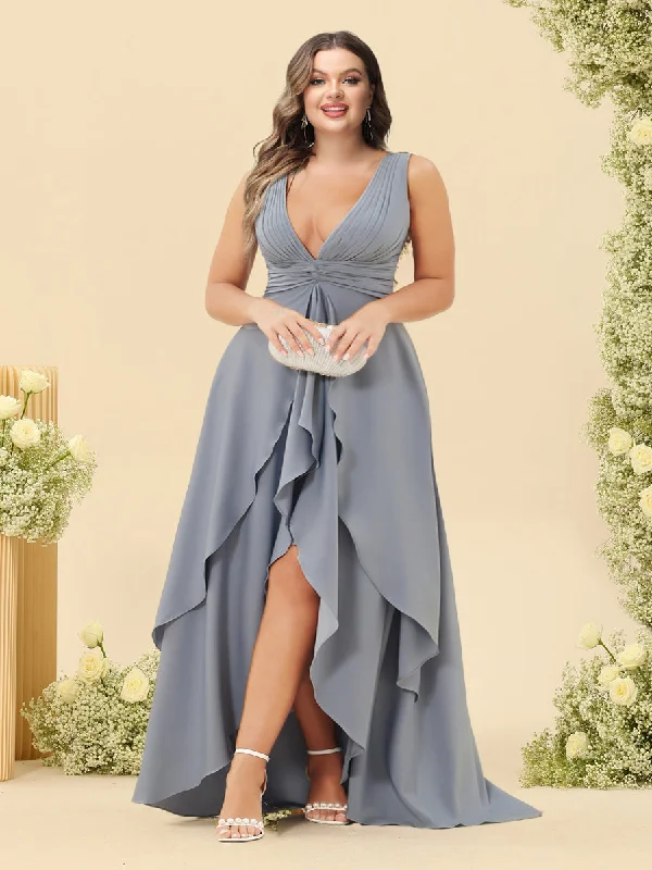 Essentials On Sale Y2K Nostalgic Fashion Look A-Line/Princess Asymmetrical V-Neck Plus Size Bridesmaid Dresses With Ruffles