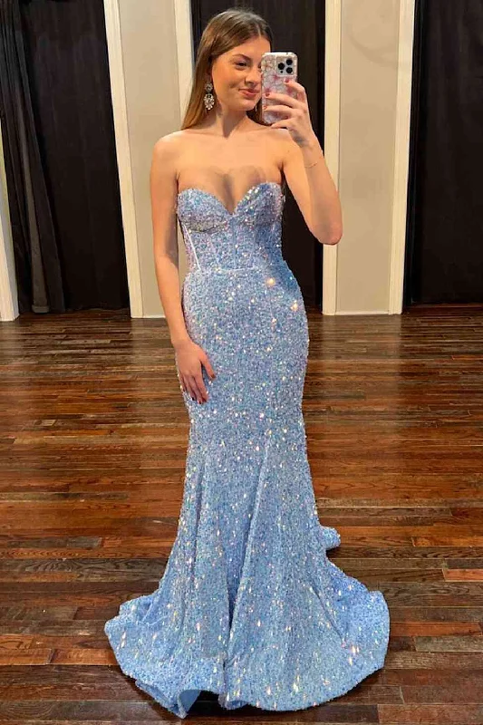 Trend Leading Collection Art Deco Geometric Pattern Look Roycebridal Sweetheart Mermaid Light Blue Sequin Long Prom Dress