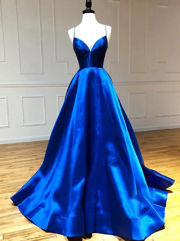 Summer Deals Save on Classic Elegant Styles Roycebridal Royal Blue Satin A Line V Neck Long Prom Dress