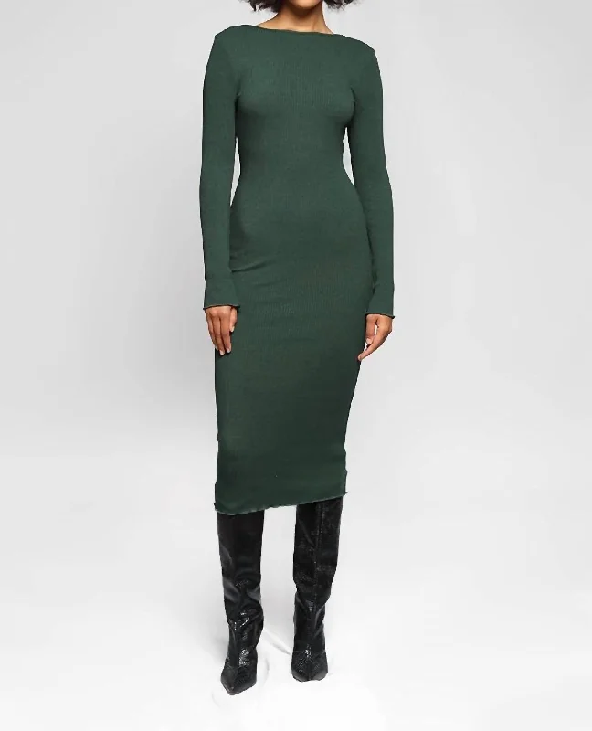 Exclusive Sale Dreamy Draping Alloy Rib Ripple Open Back Long Sleeve Dress In Emerald