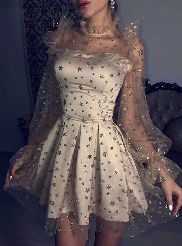 Classic Chic Deals Romantic Date - Night Ensemble Starry Night Party Dress Tulle Long Sleeves Star Homecoming Dress OM207