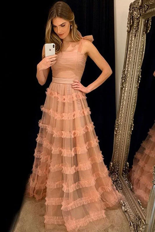 Limited Stock, Big Discounts Celebrate with Big Savings Roycebridal Kamari | Elegant Straps Peach Long Prom Dress with Cascading Ruffles