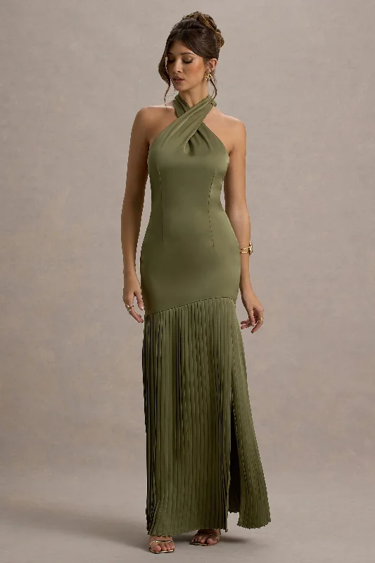 The Latest Trends Alluring Design Sansa | Khaki Satin Cross Halter-Neck Plisse Maxi Dress