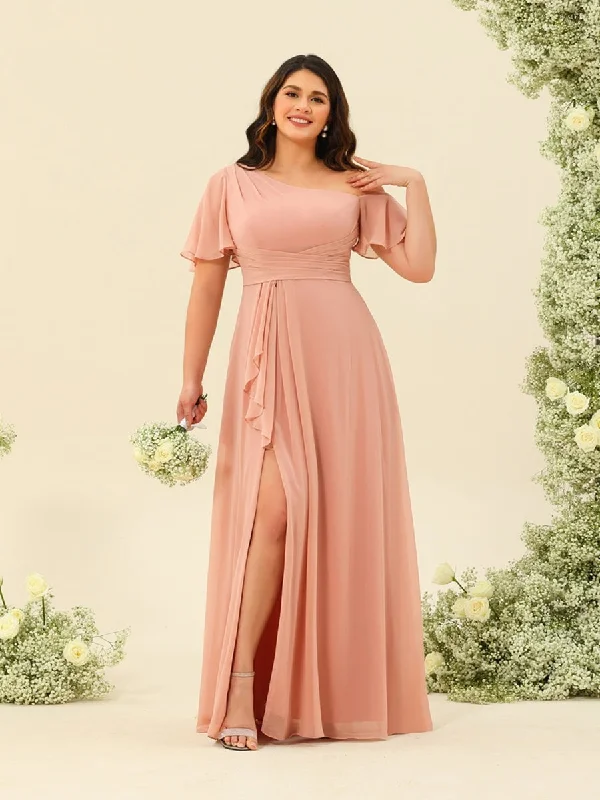 Special Offer For You Feminine Elegance A-Line/Princess One-Shoulder Floor-Length Split Side Plus Size Bridesmaid Dresses