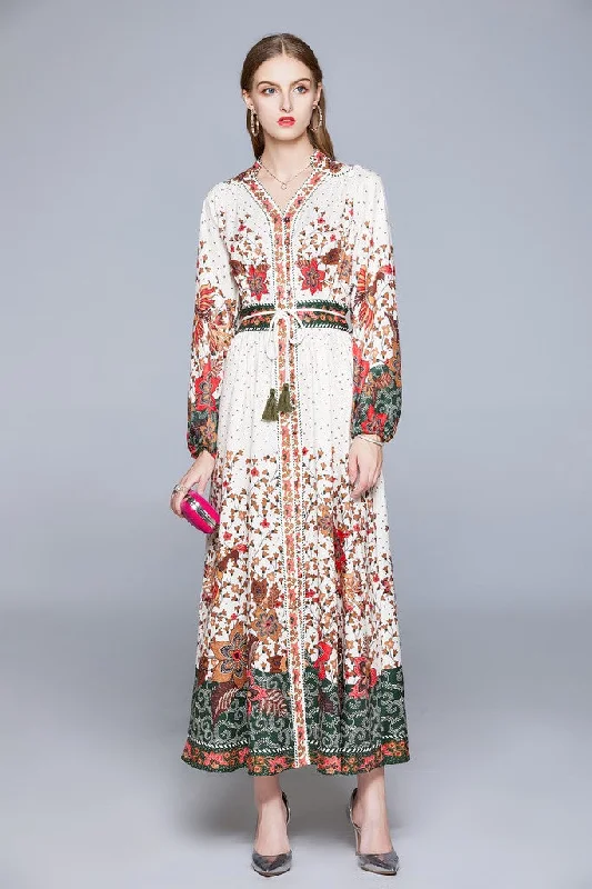 Contemporary Chic Promotions Vintage Elegance White & Multicolor print Day A-line V-neck Bishop Long Sleeve Tea Dress