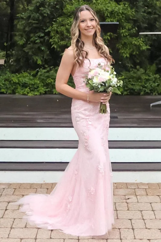 End Of Season Sale Today Only Roycebridal Pink Straps Mermaid Long Prom Dress with Appliques