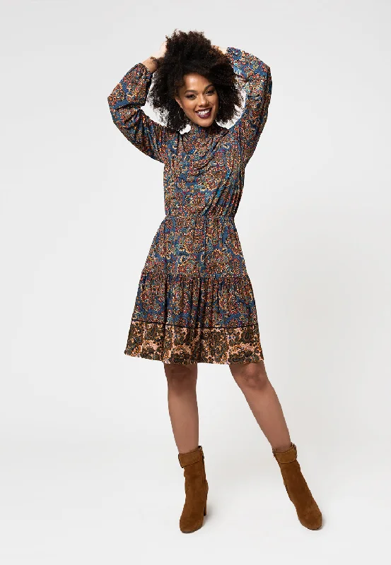 Gift Ideas Sophisticated Cut Leota Women's Long Sleeve Olive Dress in Boho Paisley Blue