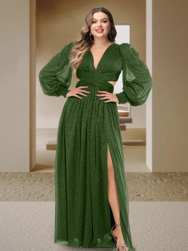 Relaxed Style Deals Celebrate with Big Savings Sexy A-Line/Princess V-Neck Long Sleeves Floor-Length Plus Size Bridesmaid Dresses with Side Slit