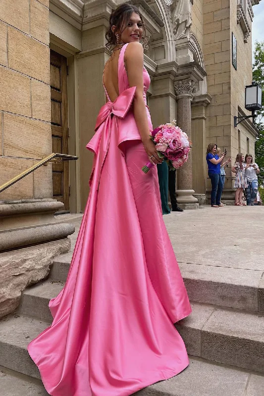 Trendy Street Style Feminine Flow Roycebridal Esther | Cute Mermaid V Neck Pink Satin Long Prom Dresses with Big Bow