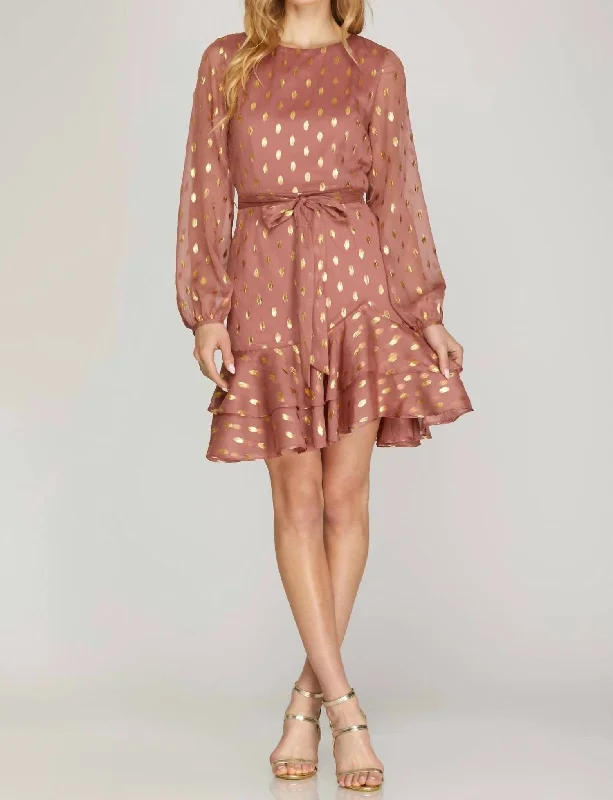 Imeless Style Great Deals on Ethnic Cultural Wear Long Sleeve Gold-Dot Chiffon Dress In Dusty Rose