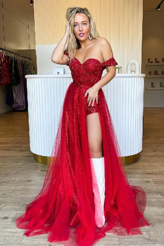 Classy Style Discounts Great Prices on Feminine Styles Roycebridal Ashlee | Sparkly Tow Piece Off the Shoulder Red Sequins Long Prom Dresses