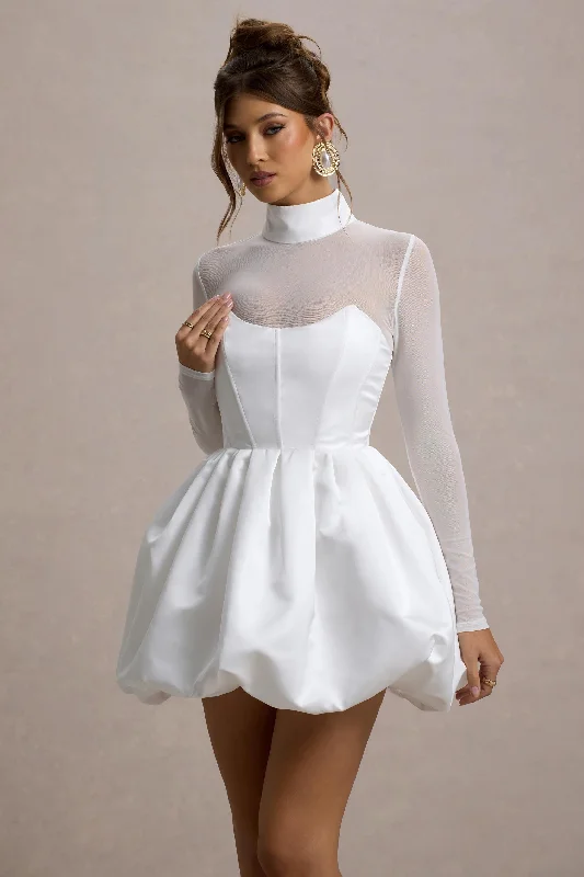 Winter Warehouse Sale Bold Patterns Tinkerbell | White Satin Long-Sleeve Puffball Mini Dress