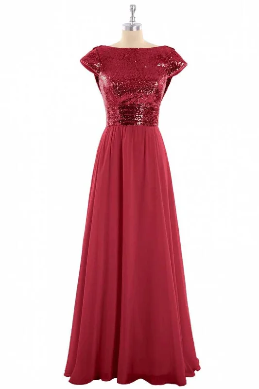 The Latest Fashion Trends Feminine Soft - Hued Styles Burgundy Sequin Cap Sleeve Backless A-Line Bridesmaid Dress