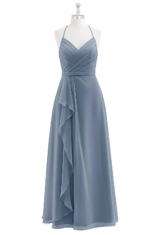 Premium Style Flash Sale Dusty Blue Chiffon Halter Backless Ruffled Long Bridesmaid Dress