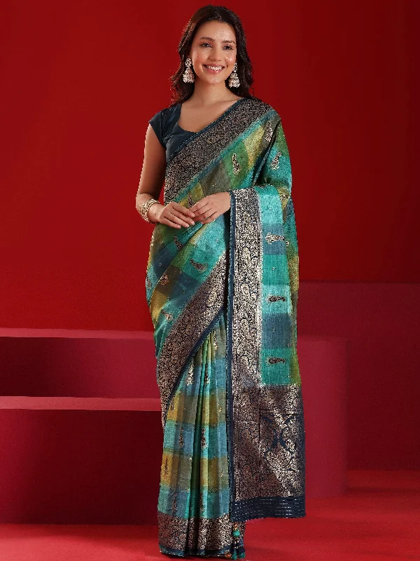 Stylish Statements Tropical Island - Inspired Attire Libas Art Green Woven Design Satin Saree With Unstitched  Blouse Piece