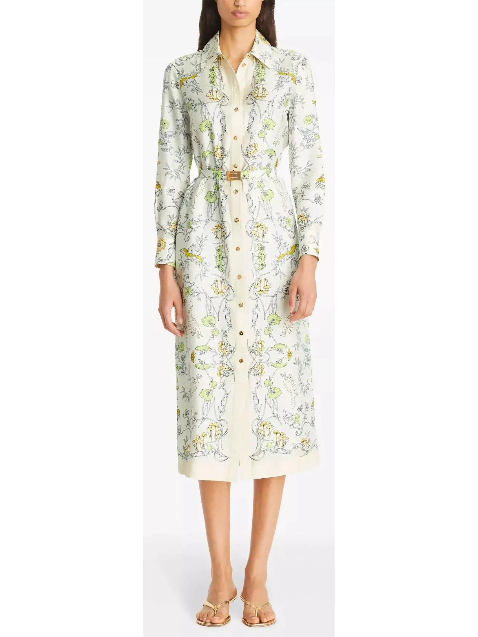 Essentials On Sale Grab Romantic Date - Night Styles Now Belted Neutral Rabbit Field Printed Silk Twill Shirt Dress