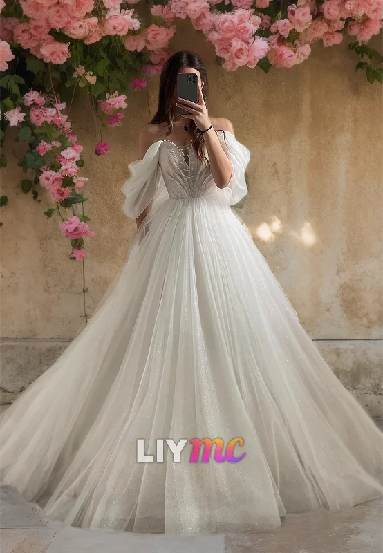 Stupidly Low Prices Dreamy Aesthetic LW430 - V-Neck Off-Shoulder Appliques Tulle Tiered A-Line Ball Gown Wedding Dress